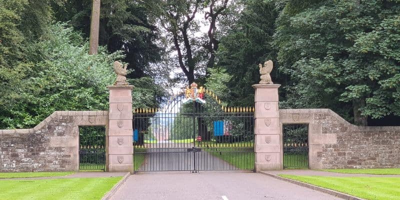 The entrance gates to Glamis Castle.