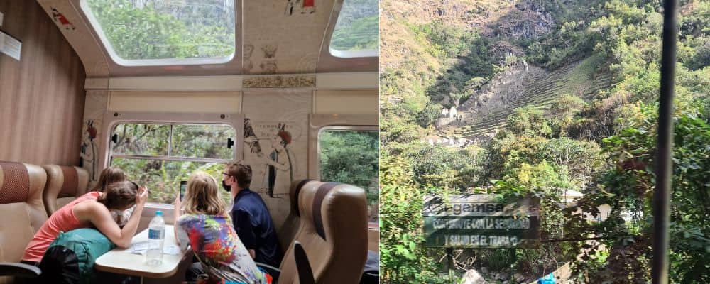 A family traveling by train with trees through the windows. Machu Picchu To Cusco tourist train to travel in Peru.