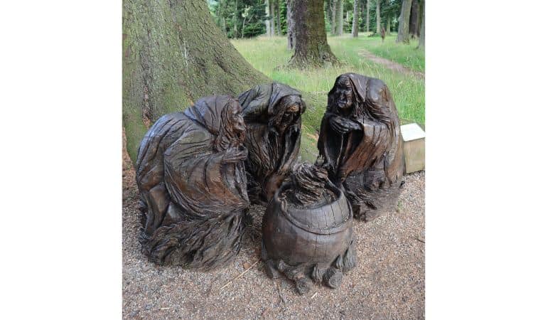 Three witches from William Shakespears  Macbeth. You can walk the Macbeth trail when visiting Glamis Castle