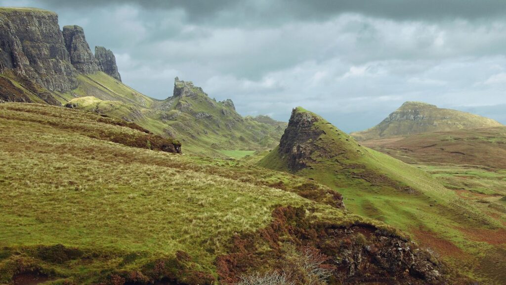 Stunning and unique rugged green landscape on a Scottish island.