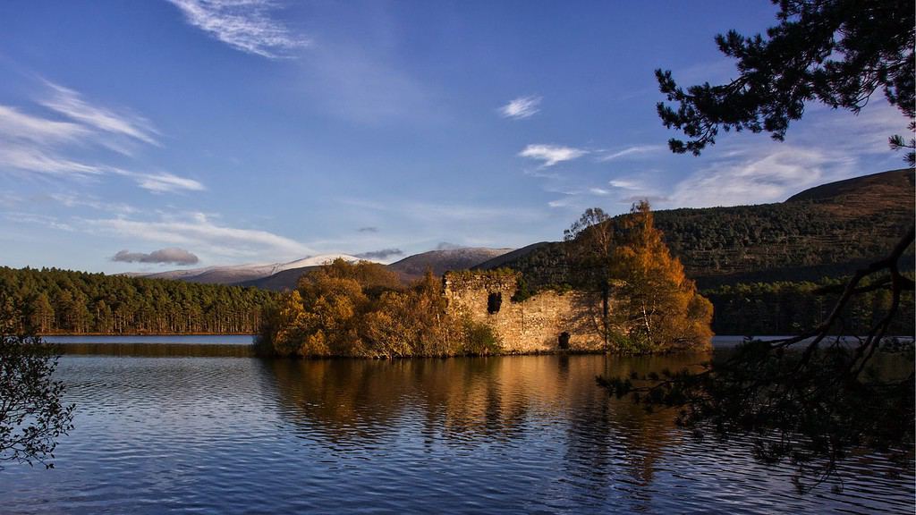 A ruin in the middle of a loch with trees surrounding it in the Cairngorms, Scotland.