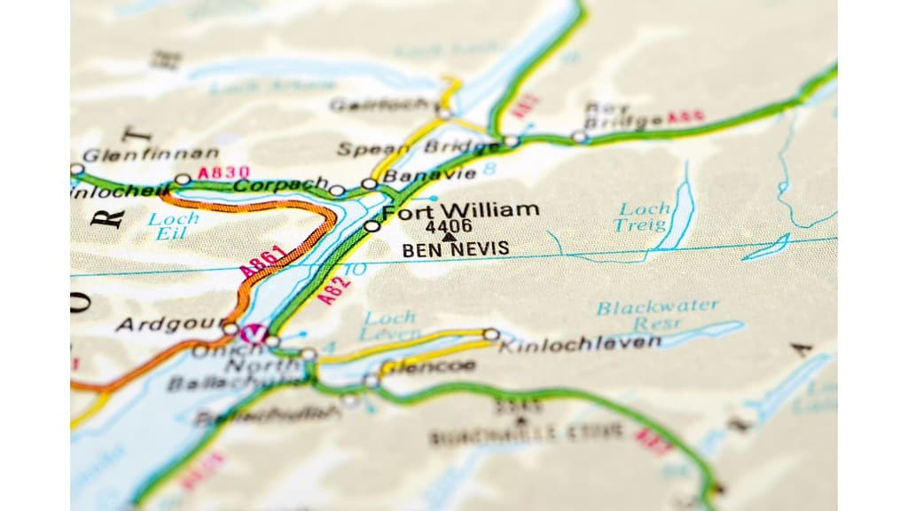 a map detailing Fort William and Ben Nevis.