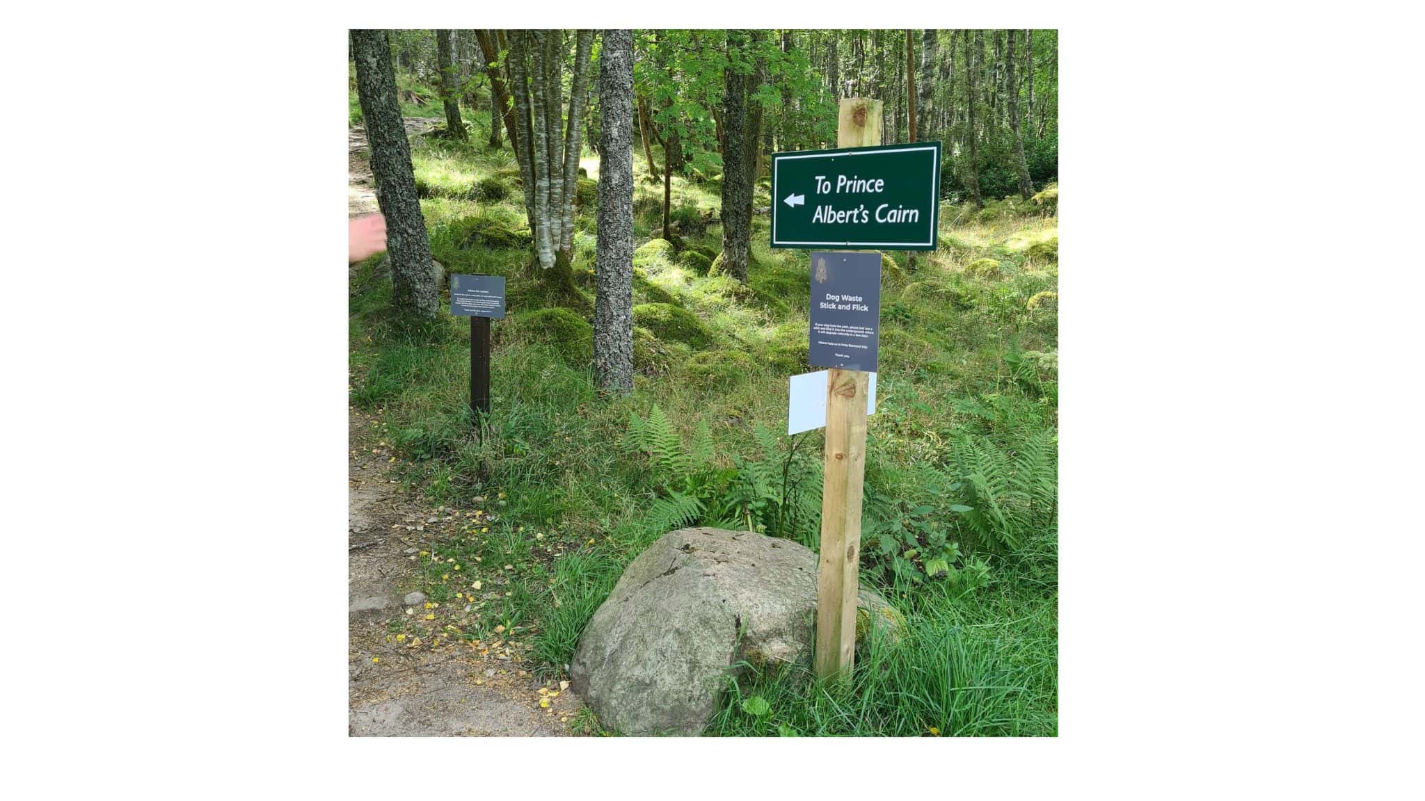 Sign pointing to Prince Albert's Cairn at the start of the trail head to the walk