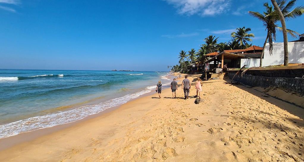 A family of four walking away to palm trees on a yellow sand beach. Waves create a clear shoreline with blue sky making Hikkaduwa Beach a popular destination in Sri Lanka. 