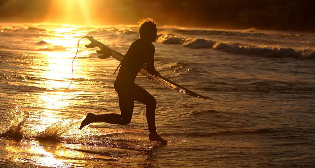 Surfer heading out at sunset