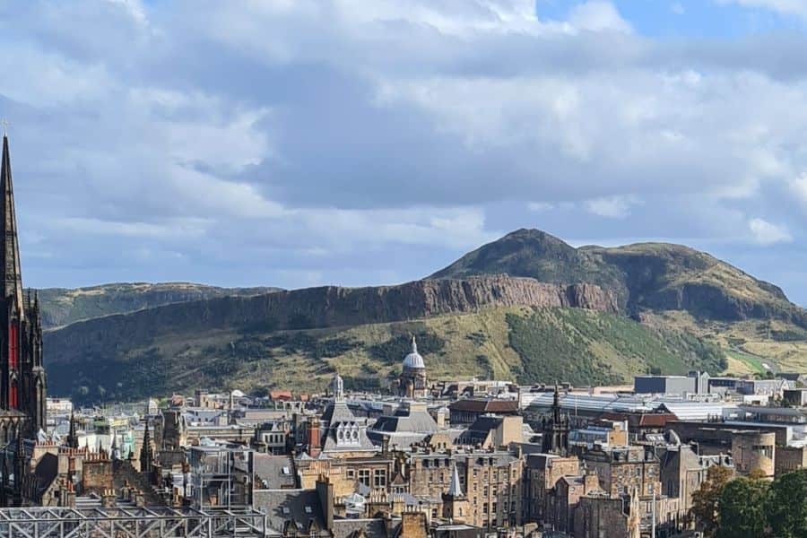 View from Edinburgh Castle over Arthur's Seat a popular hiking hill.