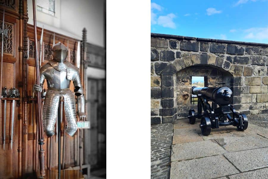 Knights armour on display in the Great Hall. A defensive cannon positioned out to sea from the walls of Edinburgh Castle.