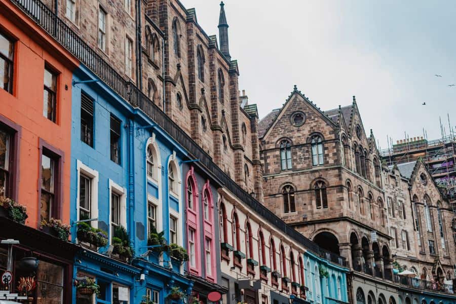 Colourful buildings on a city street.