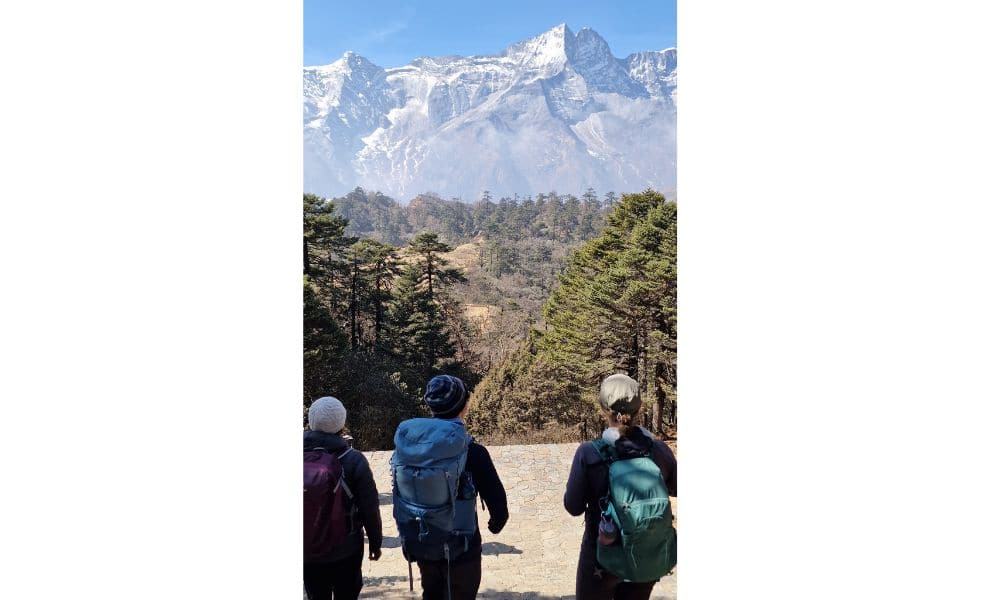 Trekking with kids towards snowy mountains