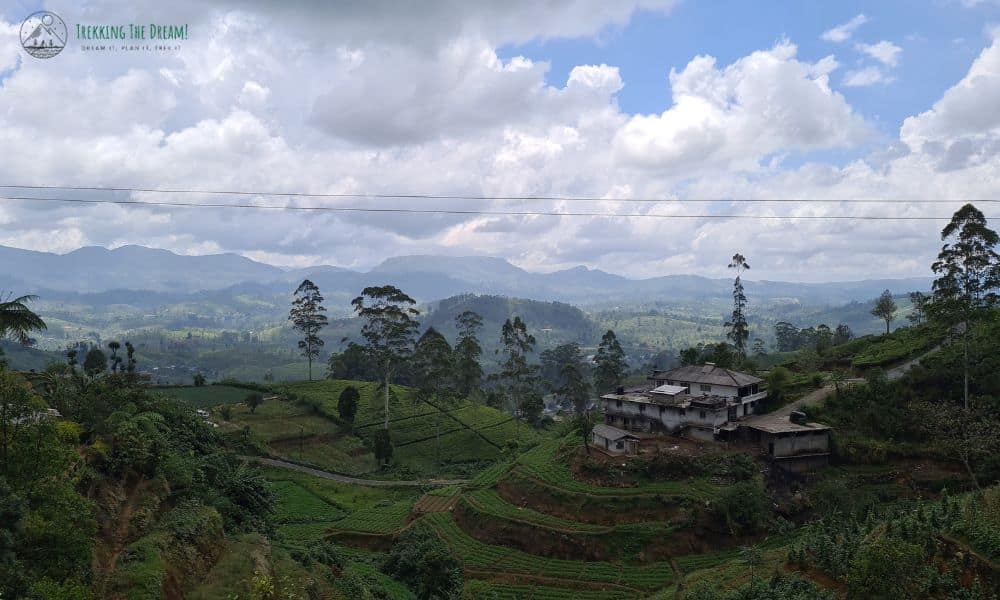 View from a scenic rail journey of lush green terraces and hills in Sri Lanka. Cloud and blue sky.