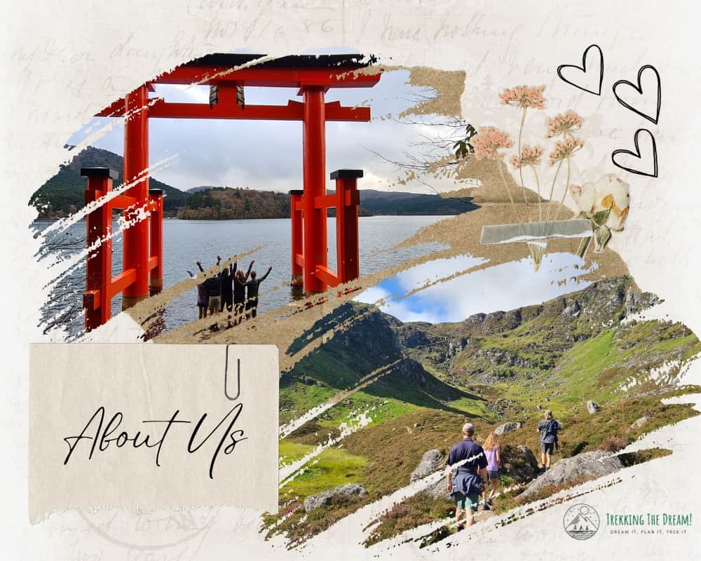 A montage of two images including a Red Japanese Torii Gate looking out over Lake Ashi in Japan. Mum, Dad and three kids are standing in the gate, silhouetted against the water behind them. The second picture shows the family walking through Corrie Fee in Scotland.