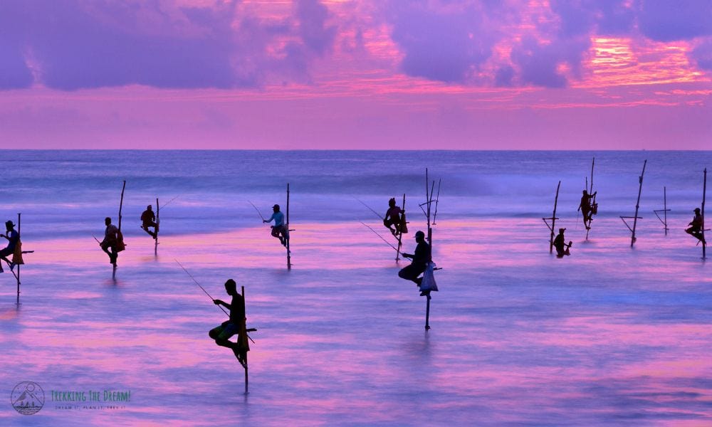 Fishermen on stilts in Sri Lanka at sunset