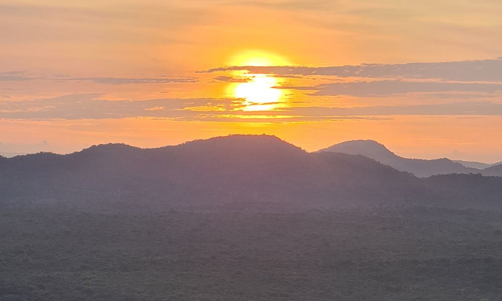 An orange sun setting over green Sri Lankan forest and hills.