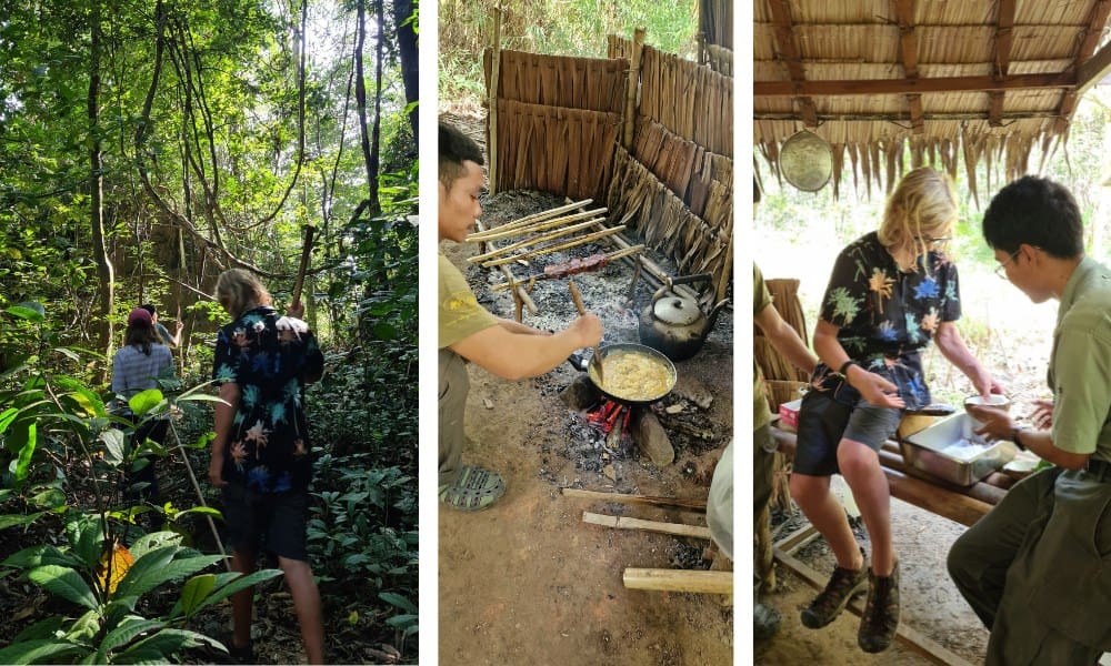 Kids trekking the a green jungle and people cooking outside. This was an activity at Elephant Hills Thailand.