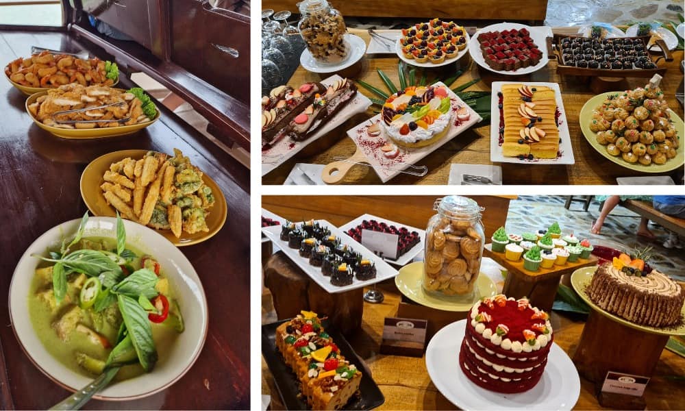 A selection of food dishes and desserts.