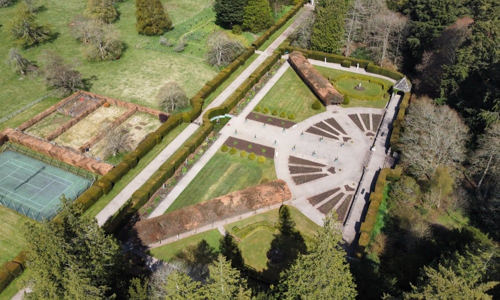 Birdseye view of manicured gardens