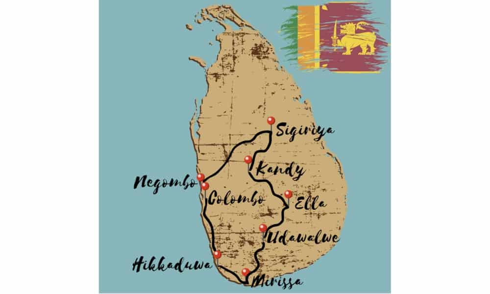 A map of Sri Lanka with a 3 week itinerary route mapped out. The island is the shape of a tear drop with a Sri Lankan flag.