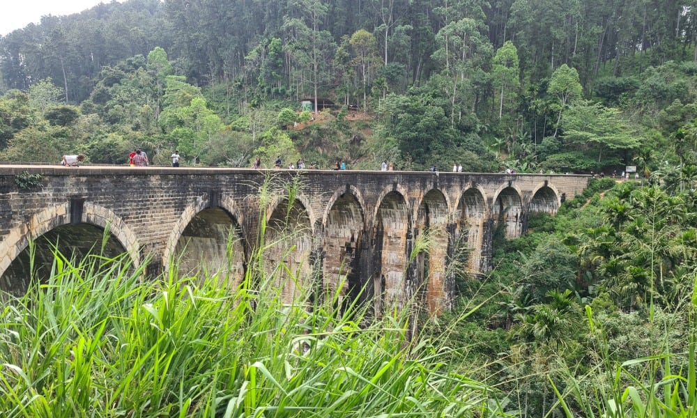 The famous nine arch bridge surrounded by green tea plantations and forest. A top activity in Ella.