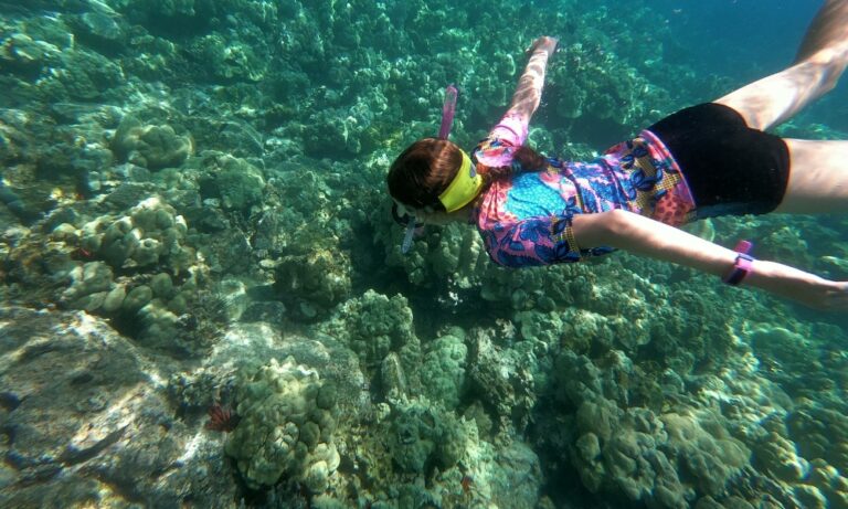 A kid snorkelling under water looking at coral up close. Sun ripples are shining in Captain Cooks Bay, Hawaii.