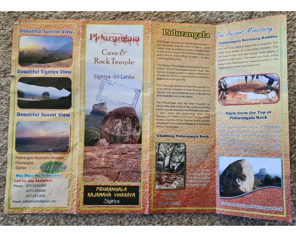 Leaflet for Pidurangala Cave and Rock Temple in Sigiriya. It details written information on climbing the rock with panoramic photos of the viewpoint. 