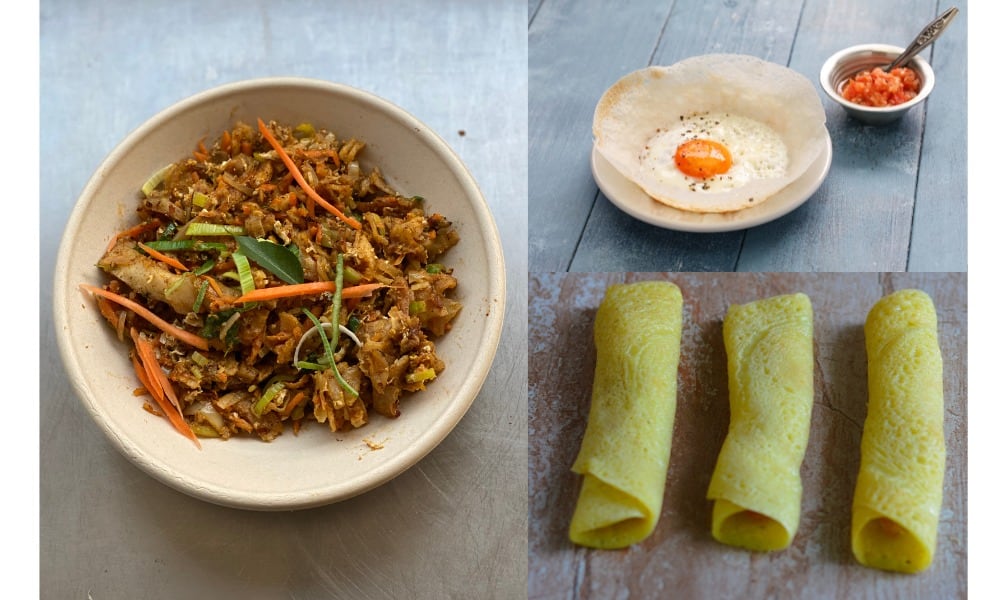 Three photo collage of Sri Lankan Food. One is a bowl of veg and egg, another is a dish with an egg and the third has three rolled pancakes 