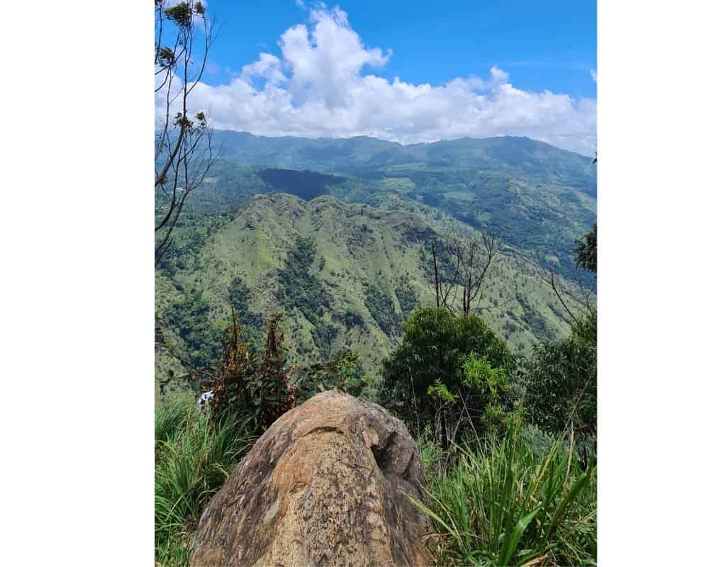 A rock surrounded by green grass in front of rolling green hills into the distance. Blue sky with some white flyffy clouds makes the perfect backdrop for a view of Ella Gap.