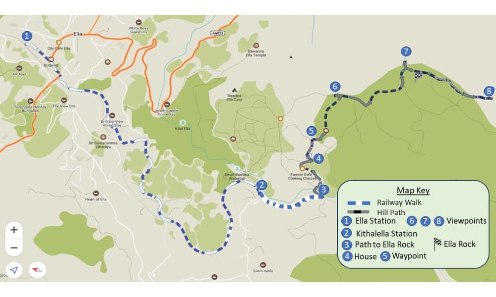 A green map  detailing the route from Ella Station to Ella Rock with a key. 