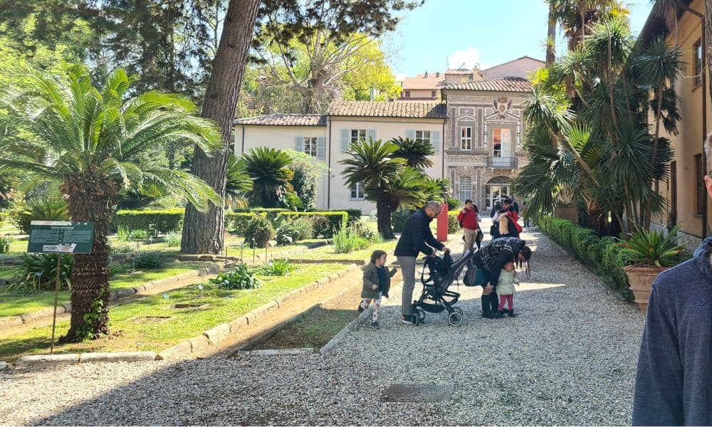 A family with toddlers in a park in Italy where the sun is shining. A great age to travel with kids.