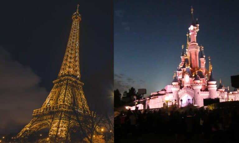 A split photo with an illuminated metal structure and pink castle both at night. Visiting the Eiffel Tower and Disneyland Paris are two iconic things to do in the city.