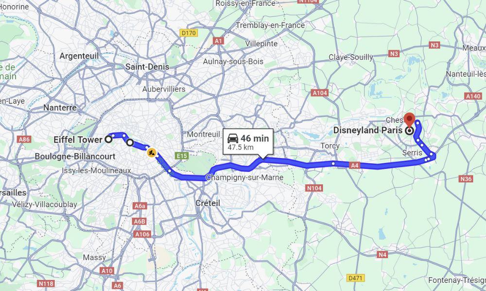 A french road map of Paris with a route marked from the Eiffel Tower to Disneyland Paris by road.