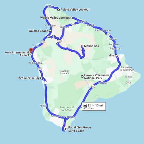 Road trip map with route round Big Island Hawaii for a 7 day itinerary.