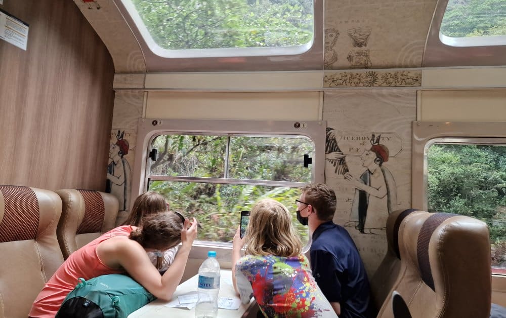 Trekking The Dream Family on a train with large windows. The train from Cusco to Machu Picchu is a popular route.