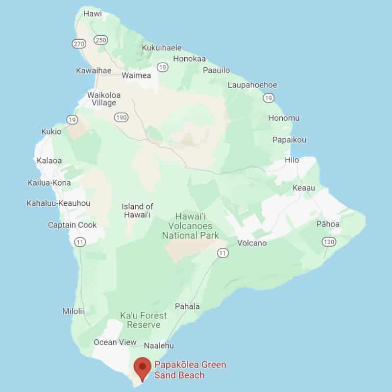 Green map of big Island Hawaii with main towns and a marker for Papakolea Green Sand Beach.