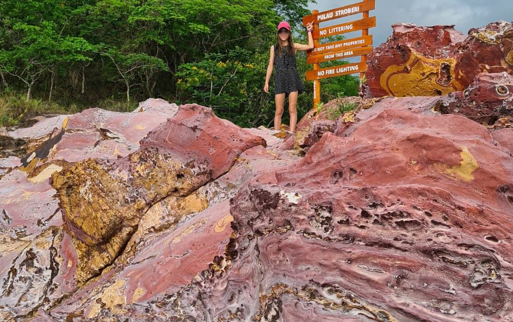 Trekking the Dream kid stood on a pink rock next to a sign during a hiking activity on a Komodo Island tour.