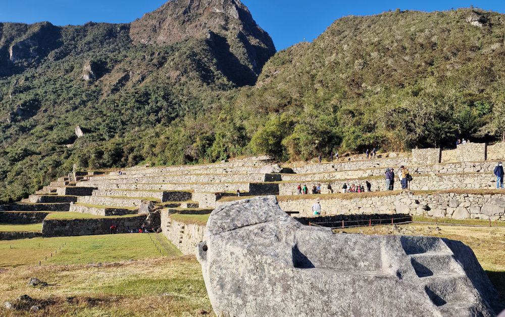 Popular ruins set by green hills and blue sky. Machu Picchu 