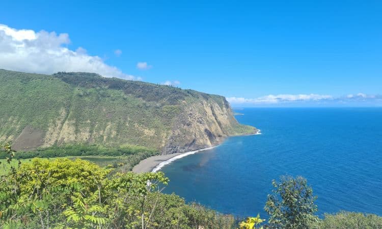 Lookout from a cliff into a green valley, black beach and ocean. A popular stop on a Big Island Itinerary.