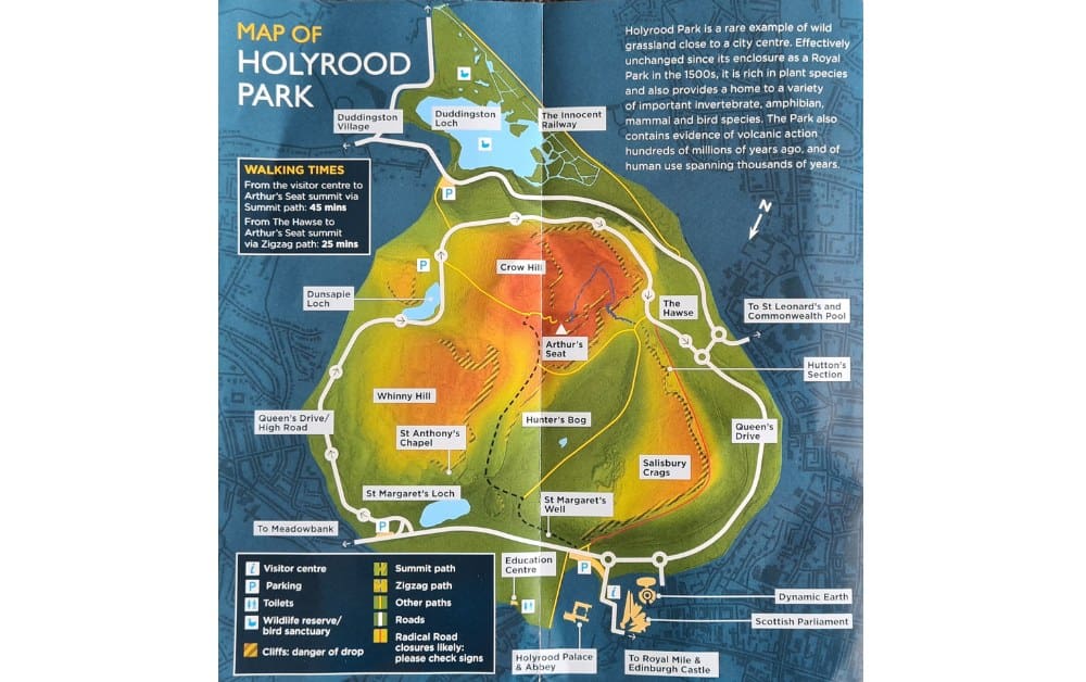 A map of the hiking trails to Arthurs Seat on an extinct volcano in Edinburgh.