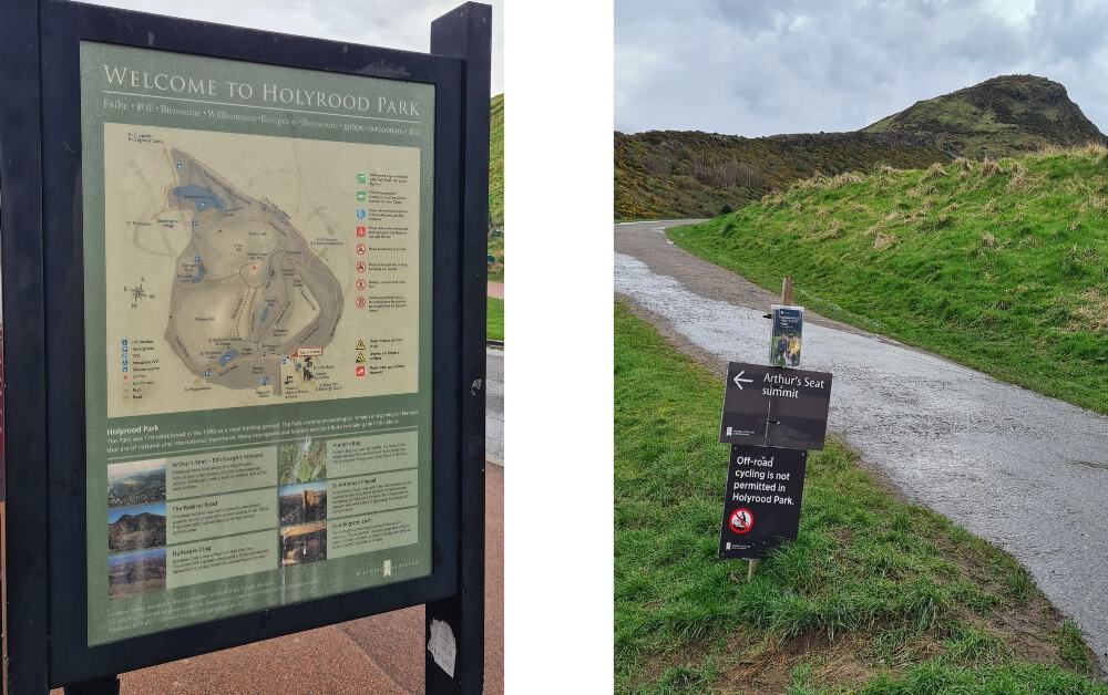 A roadside map of Holyrood Park and a sign pointing to Arthur's Seat hike.