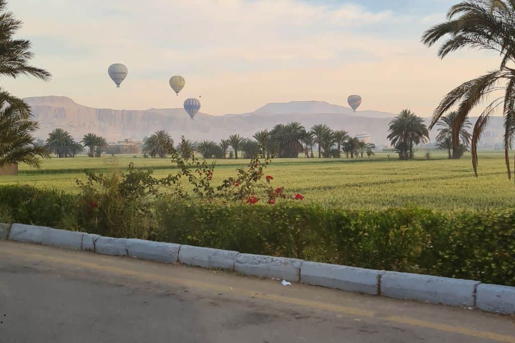 Road leading to green field and hot air balloons in the distance by mountains on a road trip in Egypt with kids.