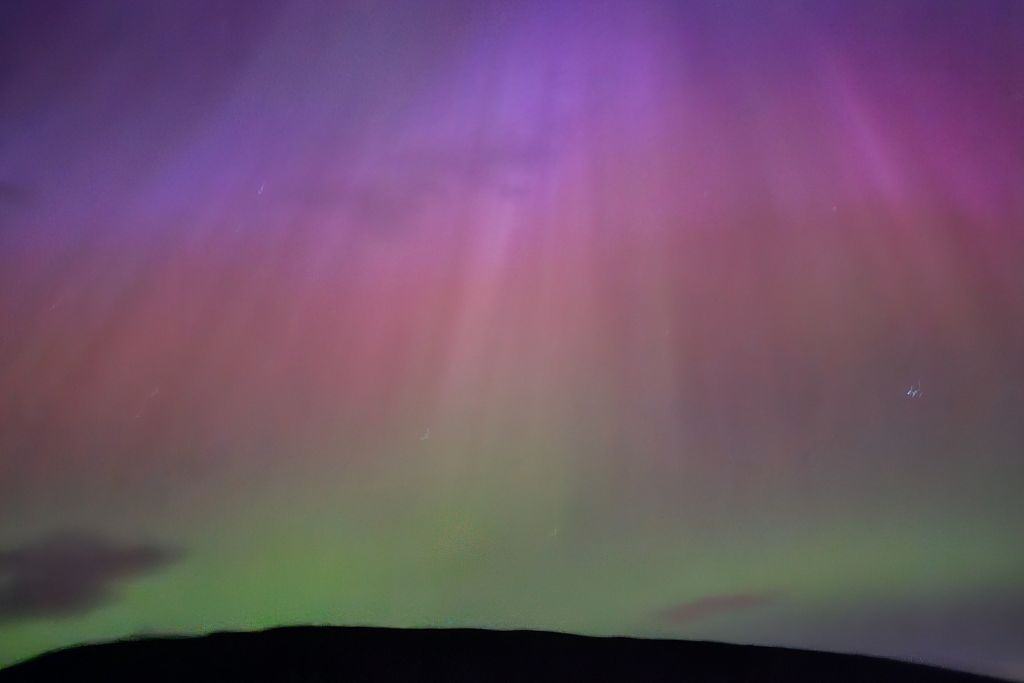 Bursts of purple, pink and green lights in the night sky over a hill. Witnessing the northern lights with kids is a worth the effort.