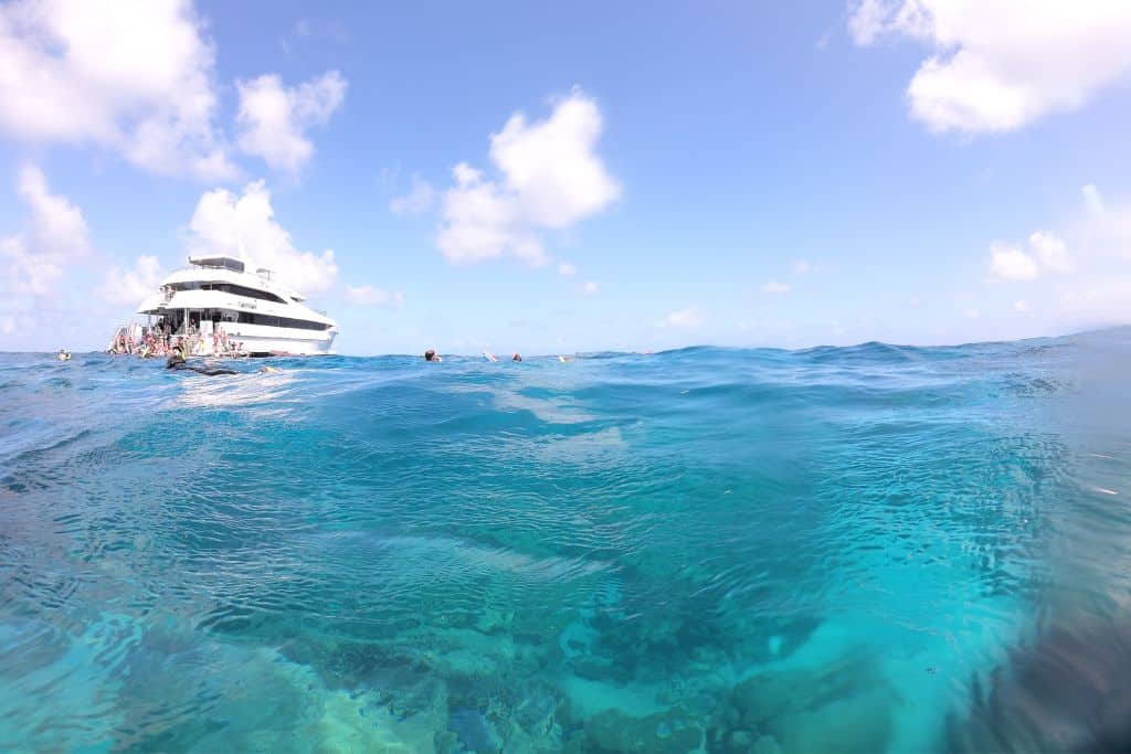 kids snorkelling in the ocean at the Great Barrier Reef with their tour boat in the distance and blue sky.