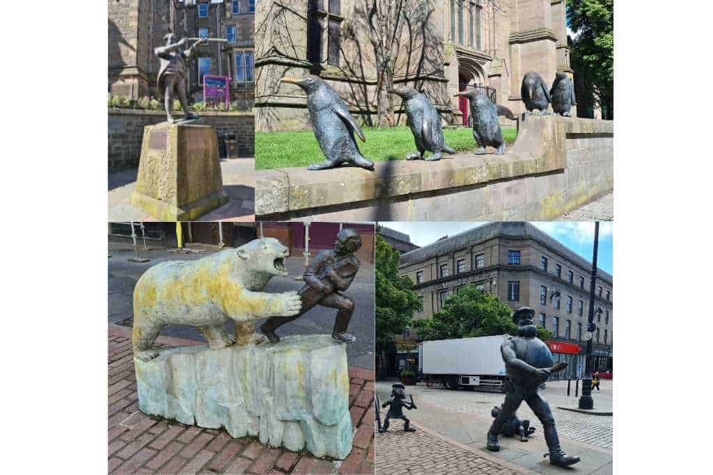 Collage of statues to visit on a city walking tour with kids including penguins, human figures and a polar bear.