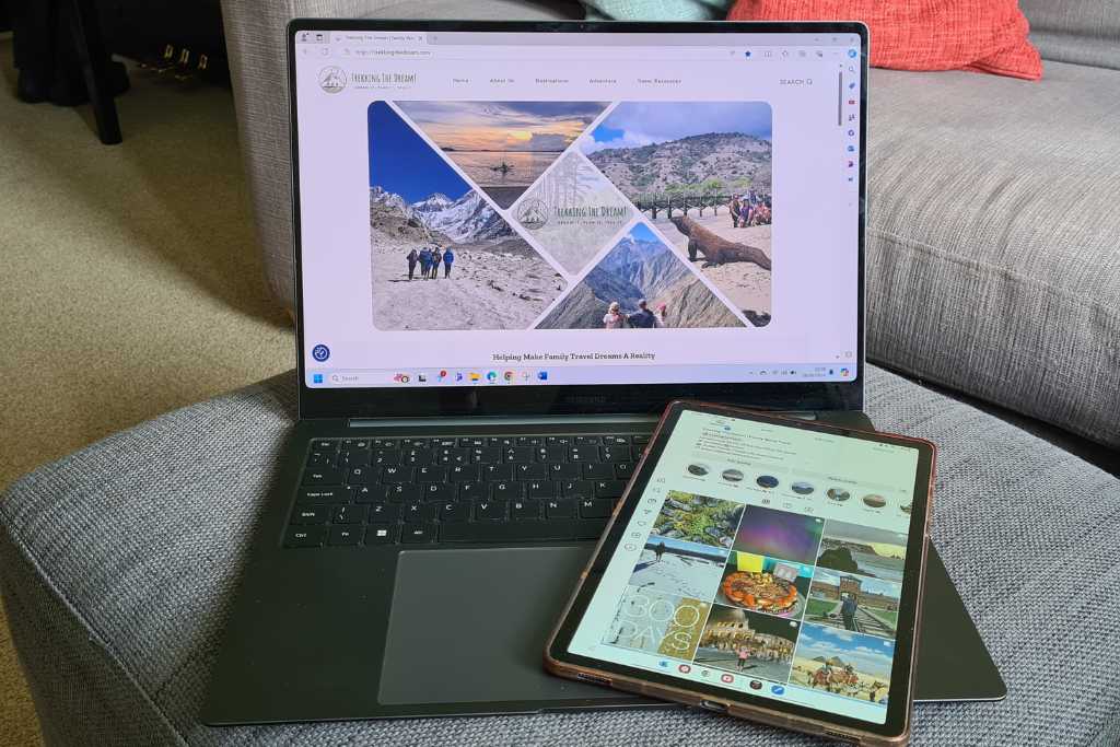 Laptop and tablet displaying ways to share travel photos like on Trekking The Dream.