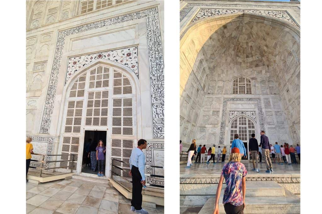 Split pictures of people going into an ornate white building in India. The Taj Mahal is a world wonder worth visiting.