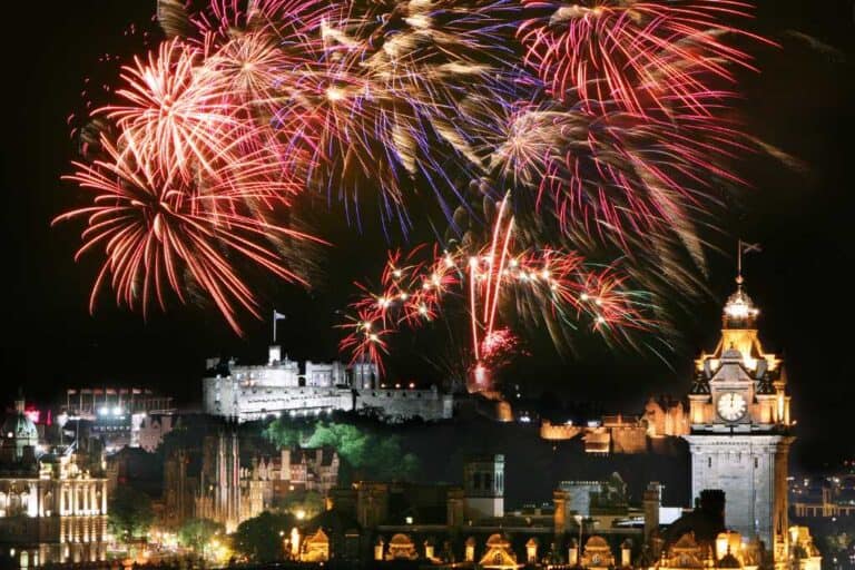 Fireworks in the night sky over a city celebrating Hogmanay in Scotland