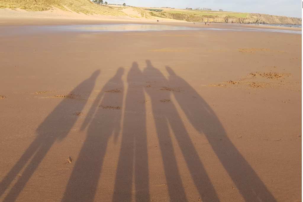 Trekking The Dream  family shadows stood on a beach with sand dunes.