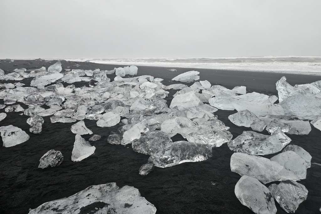 Large chumks of ice on a black sand beach on a foggy day in Iceland.