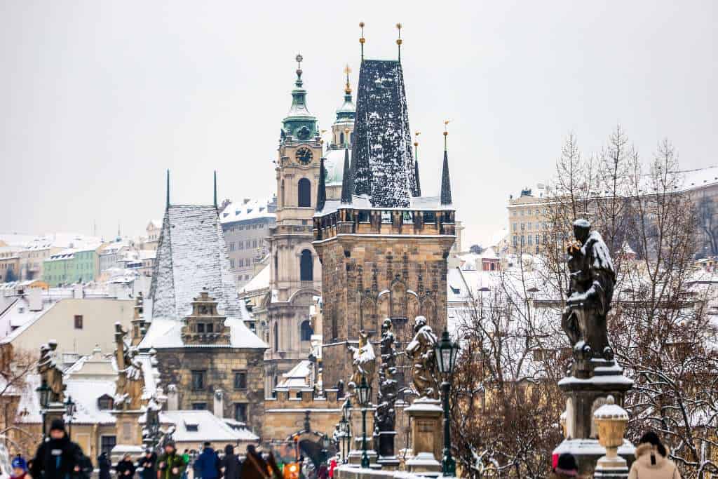 Snowy European city in winter.