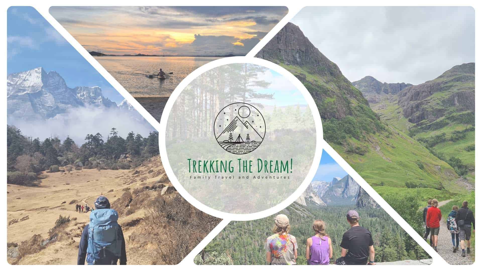 Collage of trekking the dream family adventures in different scenic locations.