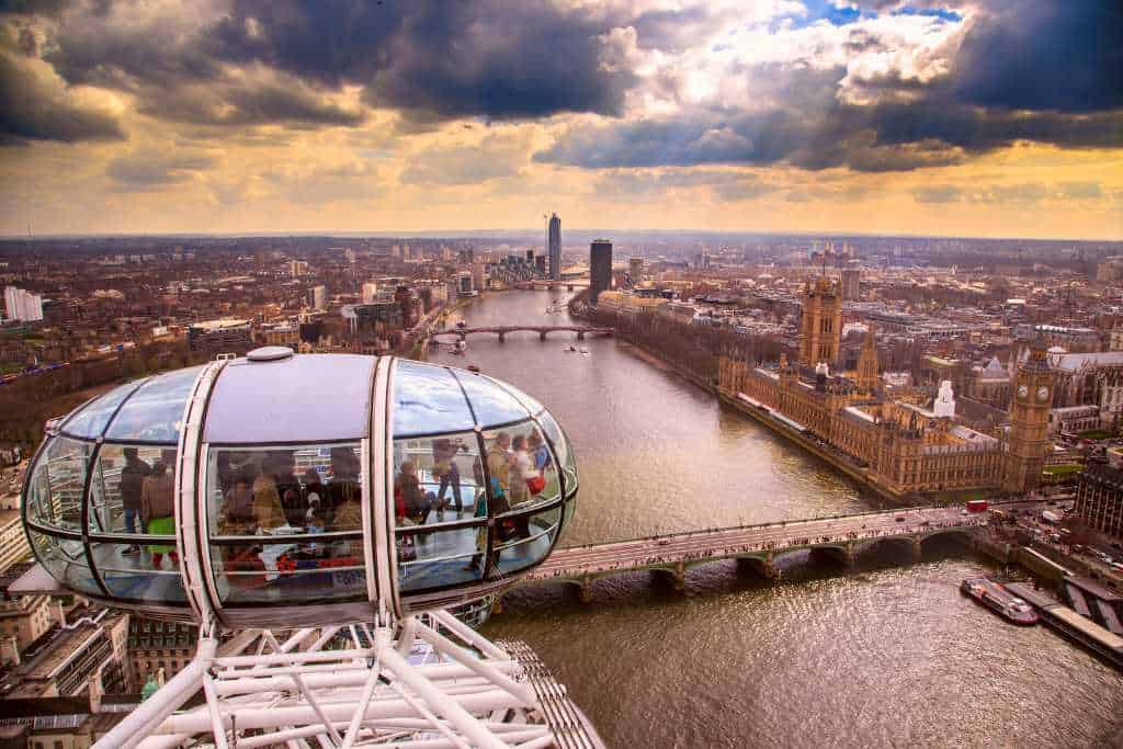 Panoramic birds eye view over the river and city of London from a large iconic wheel. 
From Canva By fesusrobertphotos